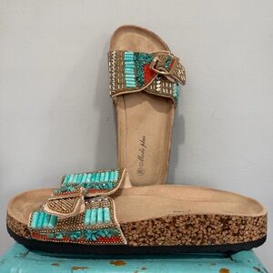 Mods Plus Slides Sandals Beaded Turquoise Gold Strap Cork Style Footbed Size 38